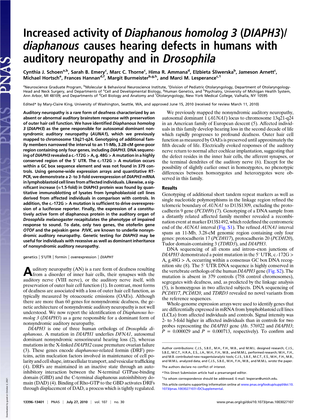 Diaphanous Causes Hearing Defects in Humans with Auditory Neuropathy and in Drosophila