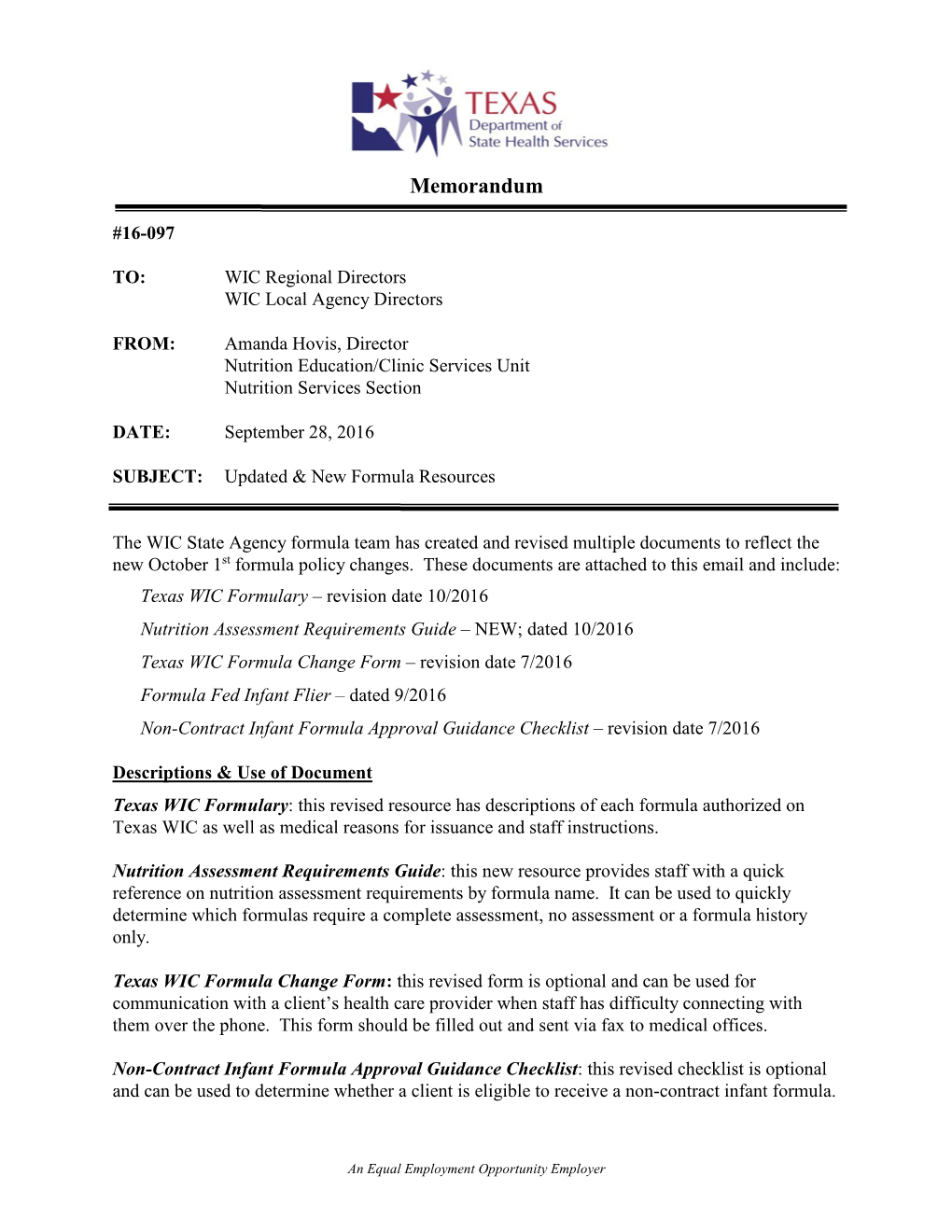 Texas Department of Health Memo 16-097