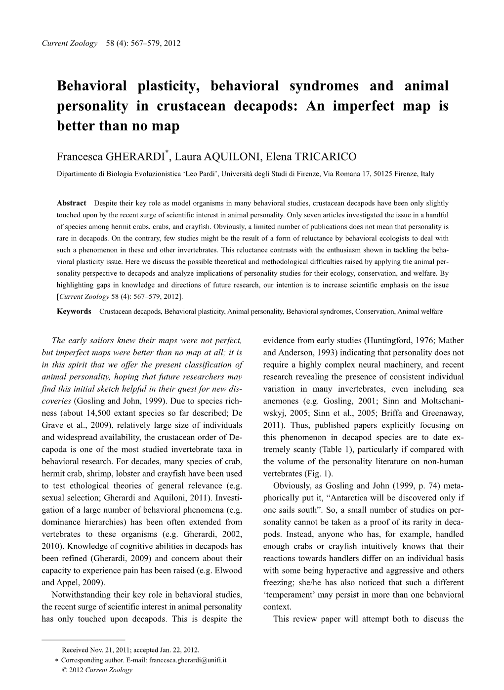 Behavioral Plasticity, Behavioral Syndromes and Animal Personality in Crustacean Decapods: an Imperfect Map Is Better Than No Map