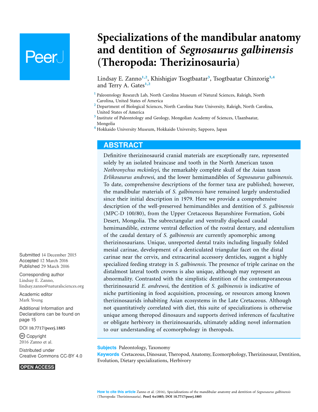 Specializations of the Mandibular Anatomy and Dentition of Segnosaurus Galbinensis (Theropoda: Therizinosauria)