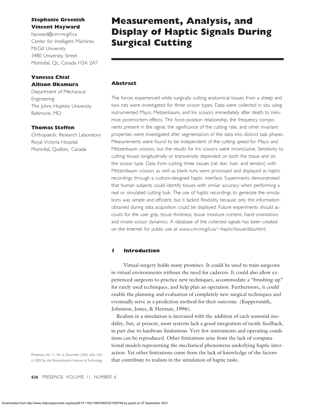 Measurement, Analysis, and Display of Haptic Signals During Surgical Cutting