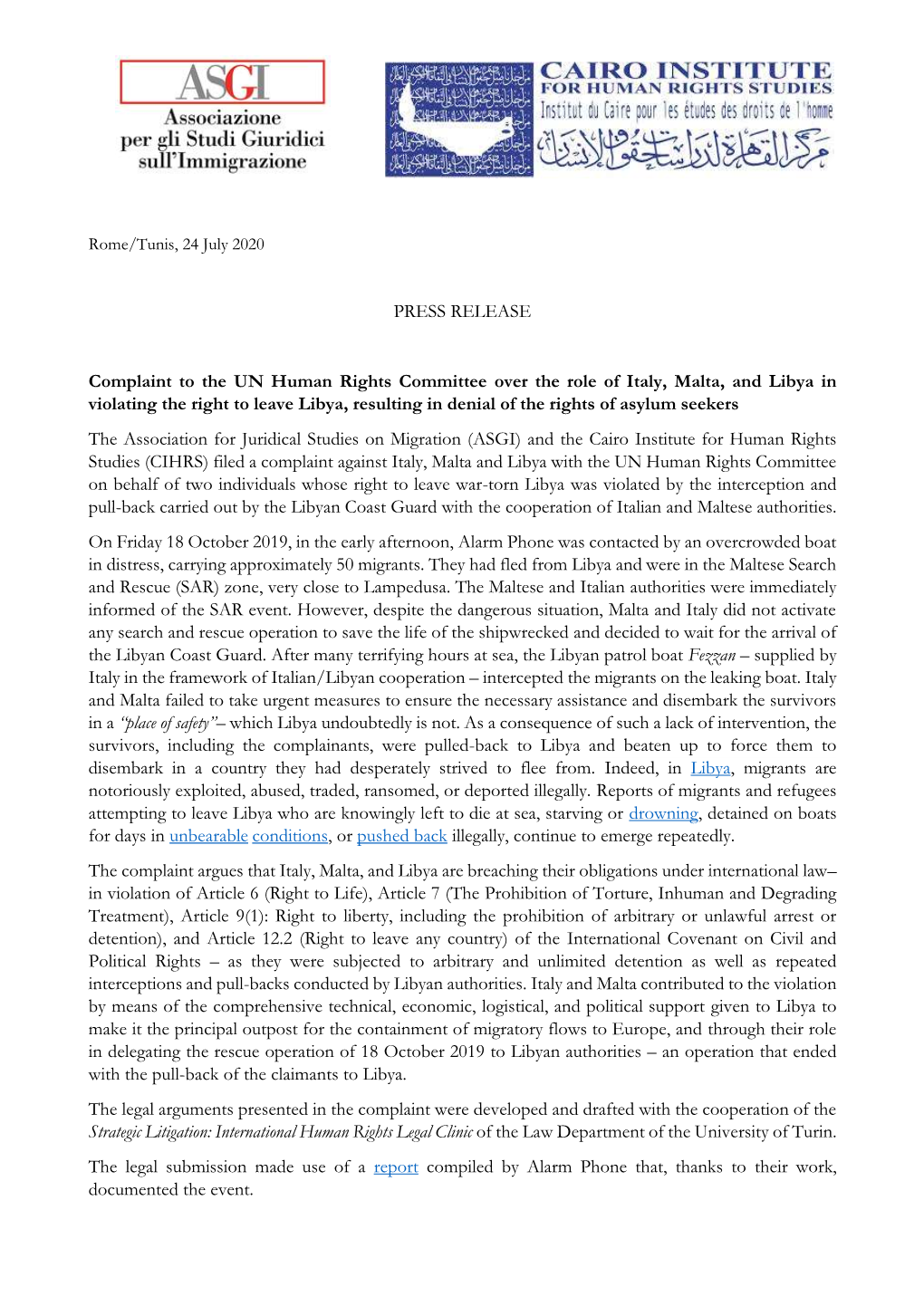 PRESS RELEASE Complaint to the UN Human Rights Committee Over