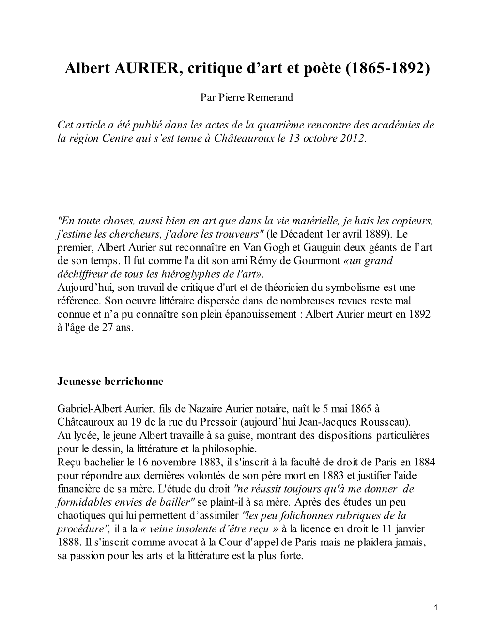 Albert AURIER, Critique D’Art Et Poète (1865-1892)