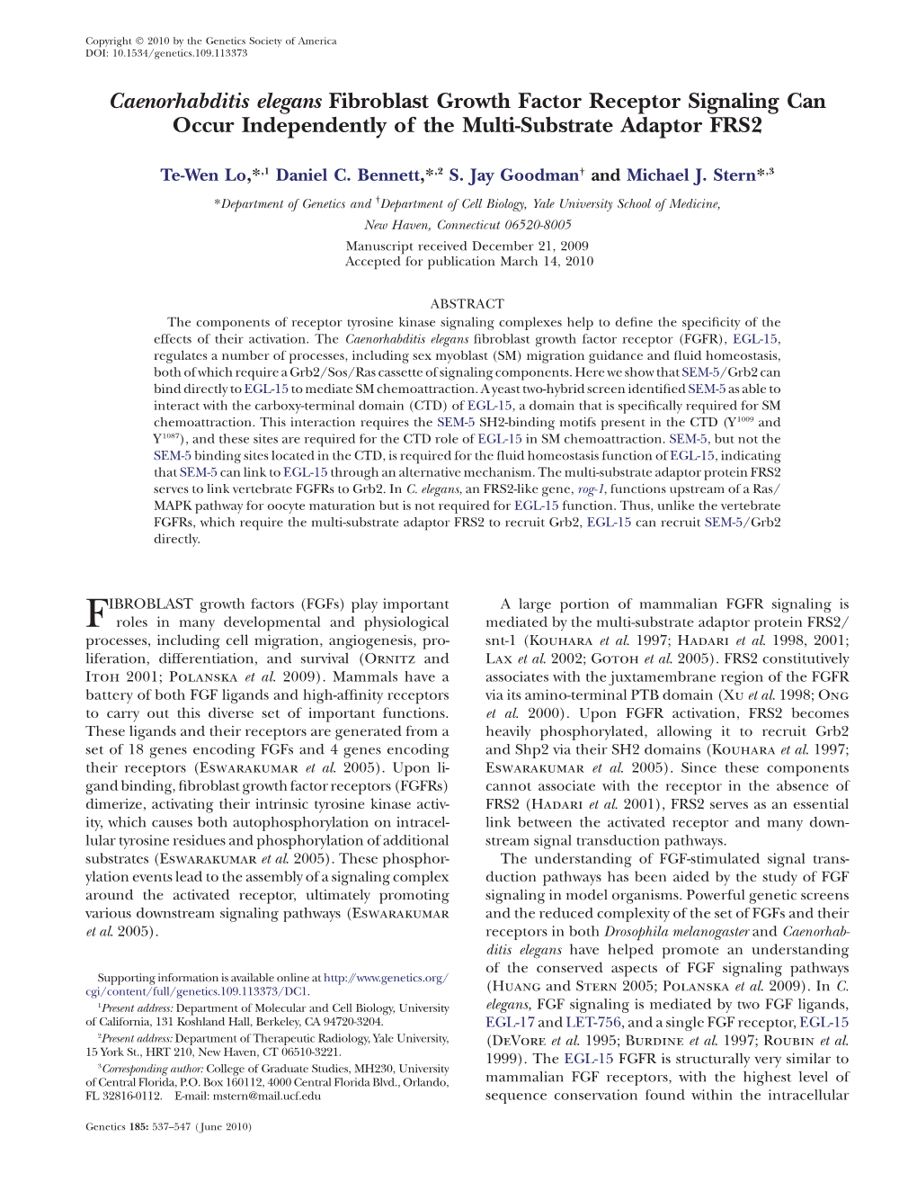 Caenorhabditis Elegans Fibroblast Growth Factor Receptor Signaling Can Occur Independently of the Multi-Substrate Adaptor FRS2