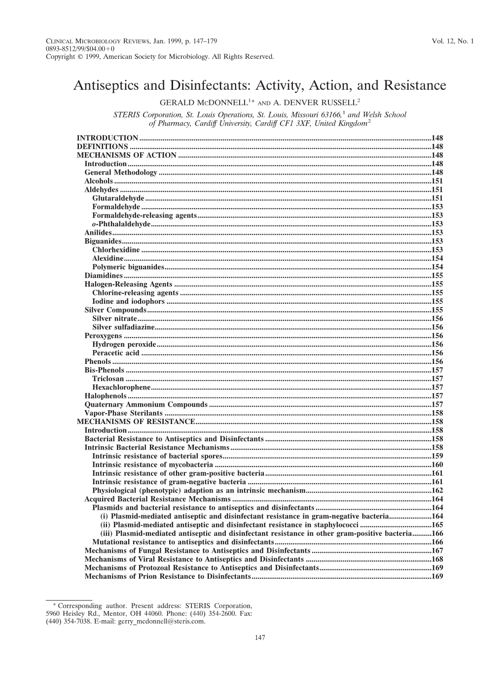 Antiseptics and Disinfectants: Activity, Action, and Resistance