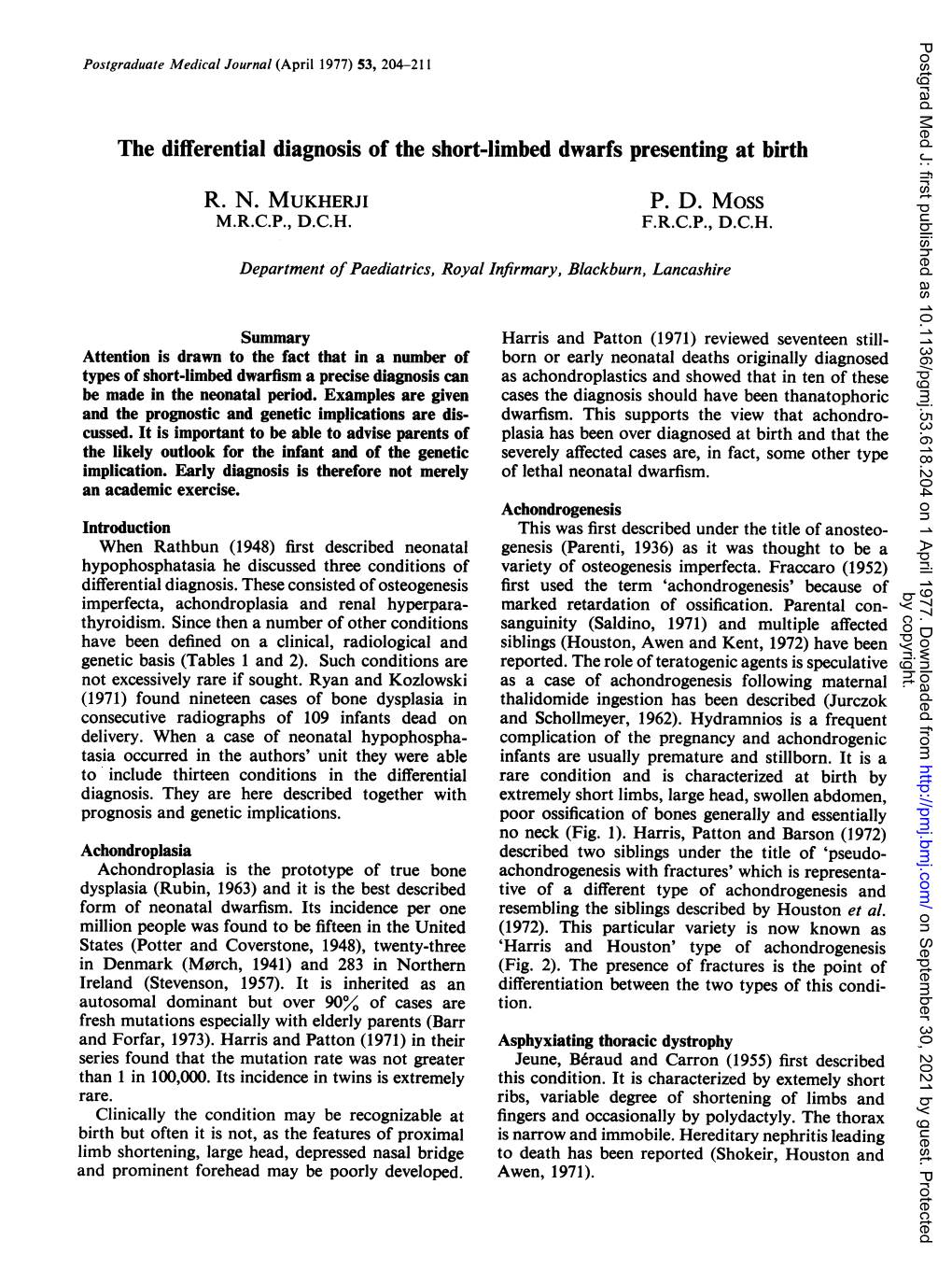 The Differential Diagnosis of the Short-Limbed Dwarfs Presenting at Birth R