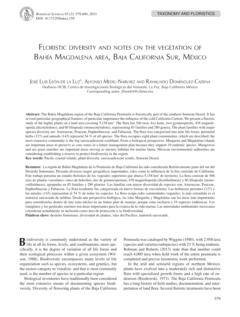 Floristic Diversity and Notes on the Vegetation of Bahía Magdalena Area, Baja California Sur, México