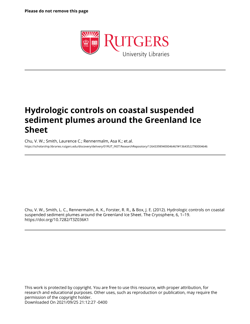 Hydrologic Controls on Coastal Suspended Sediment Plumes Around the Greenland Ice Sheet