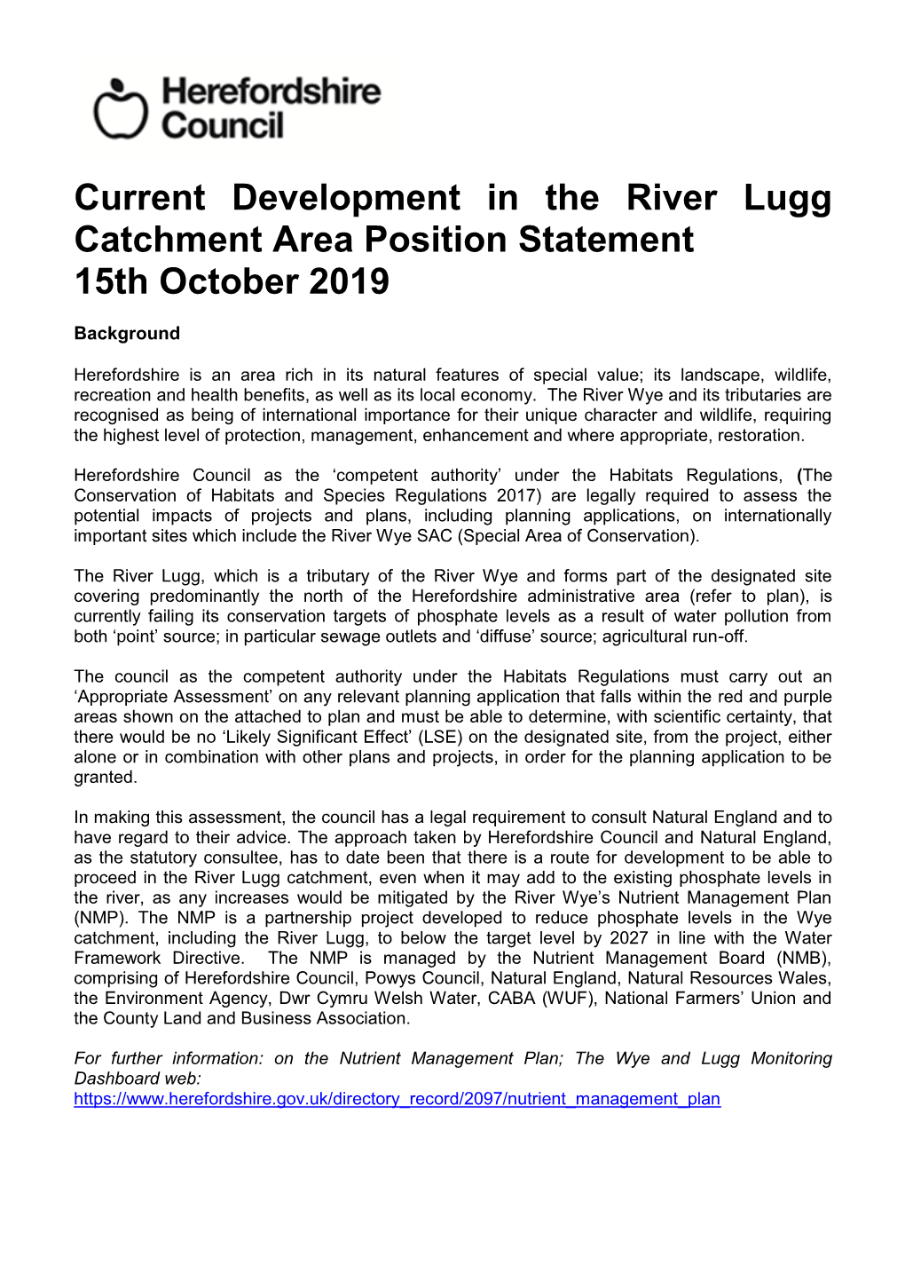 Current Development in the River Lugg Catchment Area Position Statement 15Th October 2019