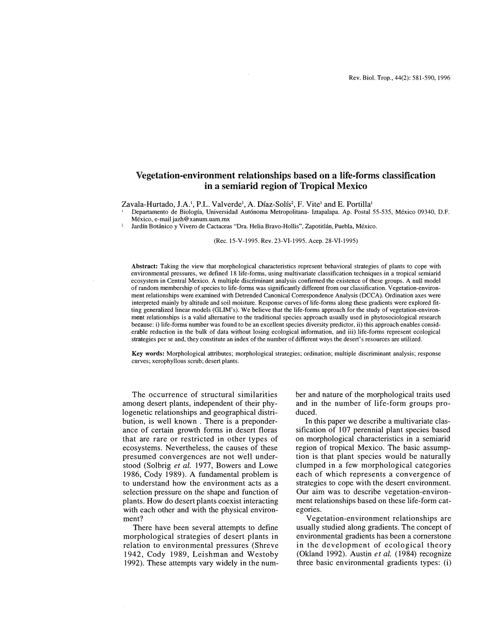 Vegetation-Environment Relationships Based on a Life-Forms C1assification in a Semiarid Region of Tropical Mexico