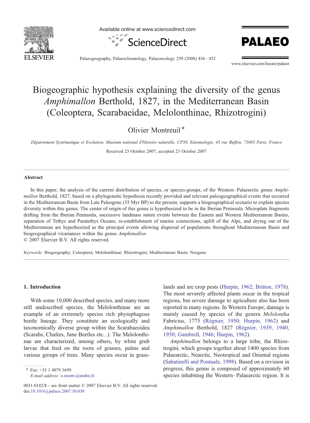 Amphimallon Berthold, 1827, in the Mediterranean Basin (Coleoptera, Scarabaeidae, Melolonthinae, Rhizotrogini) ⁎ Olivier Montreuil