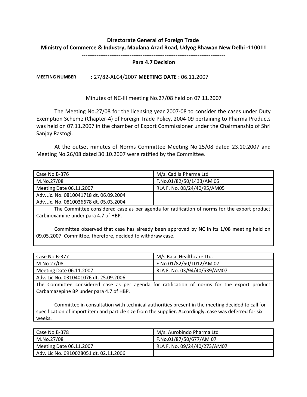 Minutes of NC-III Meeting No.27/08 Held on 07.11.2007