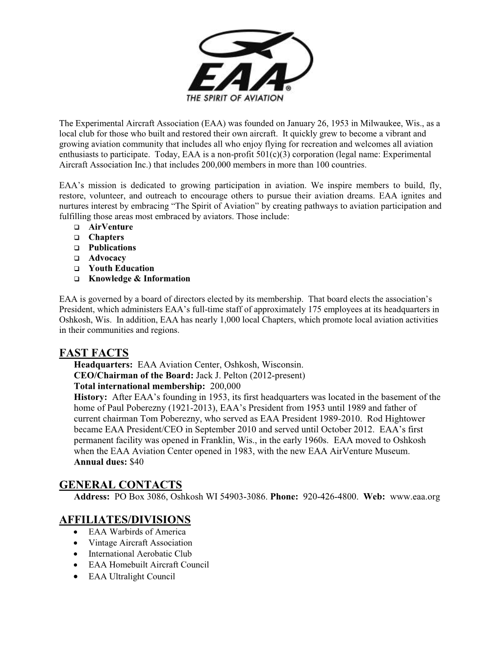 EAA Facts / Highlights