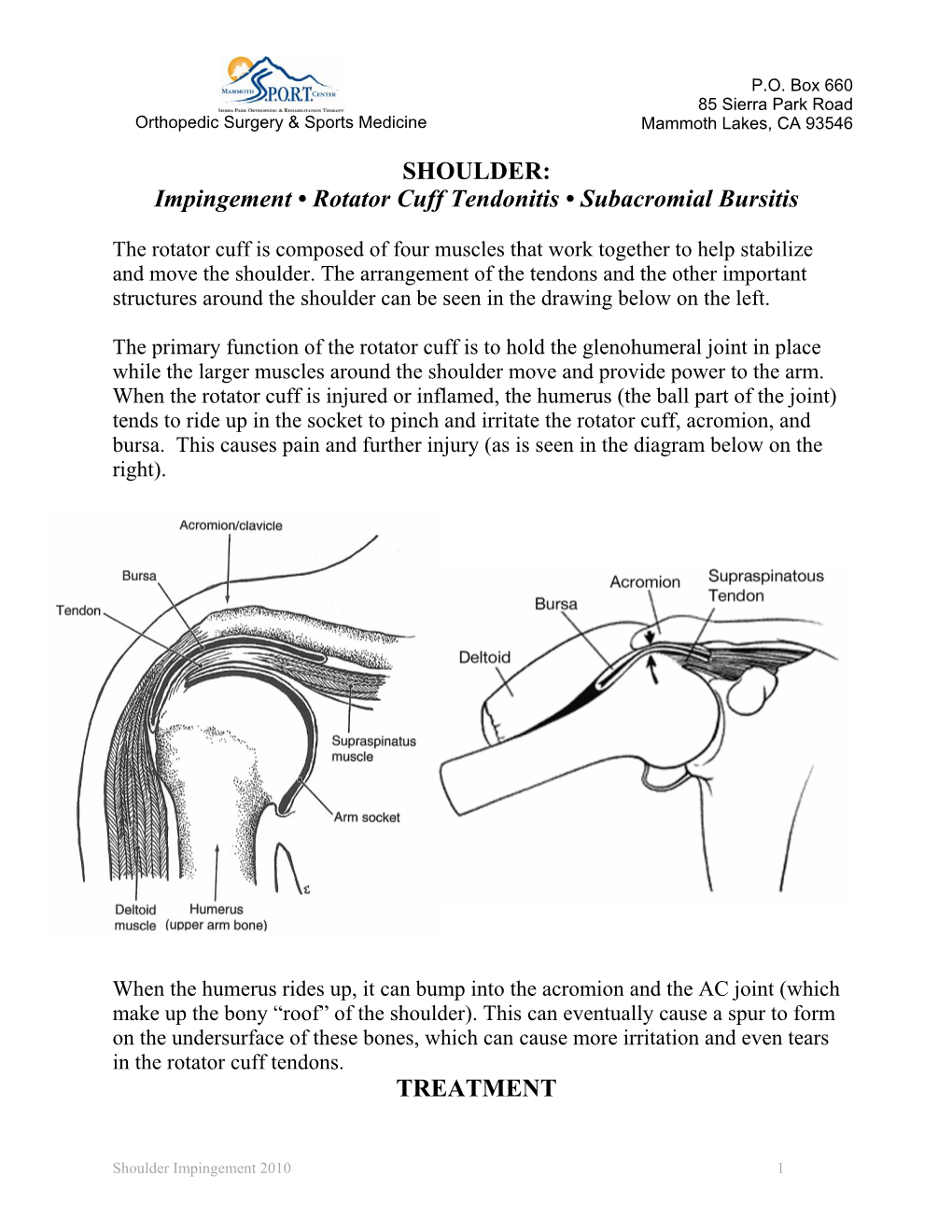 SHOULDER: Impingement • Rotator Cuff Tendonitis • Subacromial Bursitis