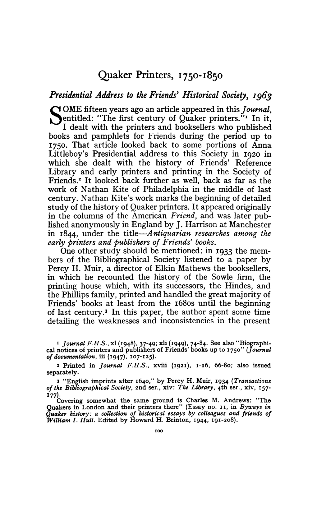 Quaker Printers, 1750-1850 Presidential Address to The