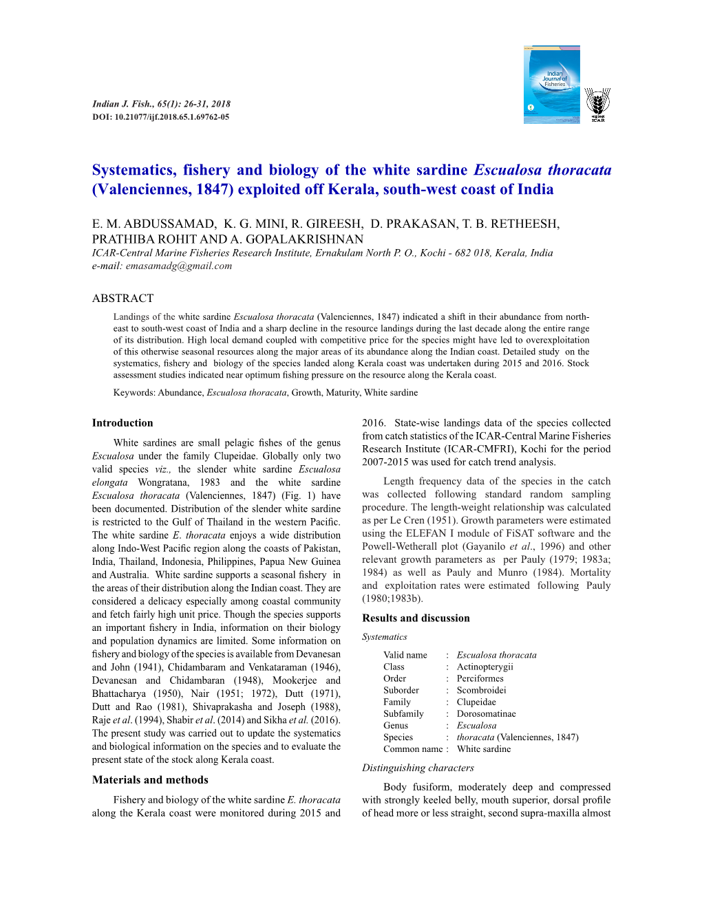 Systematics, Fishery and Biology of the White Sardine Escualosa Thoracata (Valenciennes, 1847) Exploited Off Kerala, South-West Coast of India