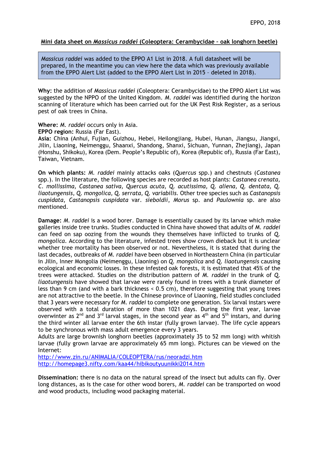 EPPO, 2018 Mini Data Sheet on Massicus Raddei (Coleoptera: Cerambycidae – Oak Longhorn Beetle) Massicus Raddei Was Added to Th