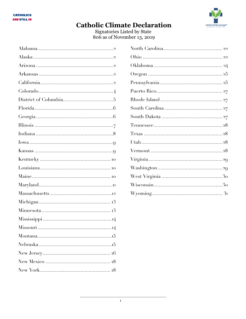 CCD Signatories Listed by State