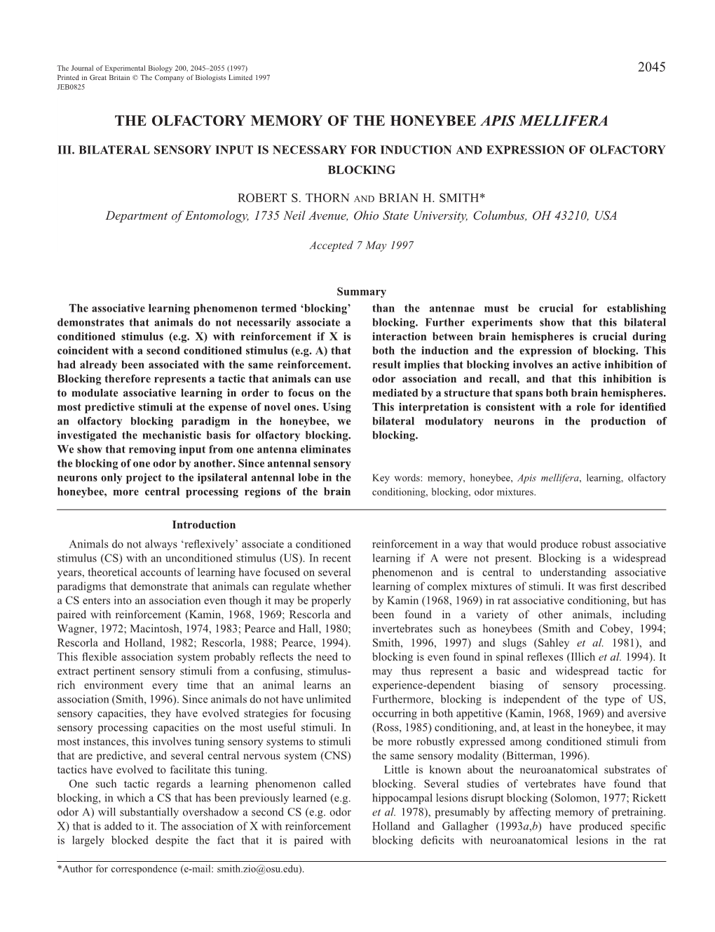 The Olfactory Memory of the Honeybee Apis Mellifera