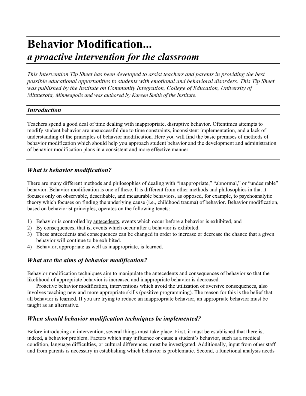 Behavior Modification... a Proactive Intervention for the Classroom