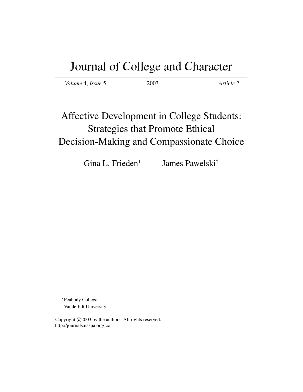 Affective Development in College Students: Strategies That Promote Ethical Decision-Making and Compassionate Choice