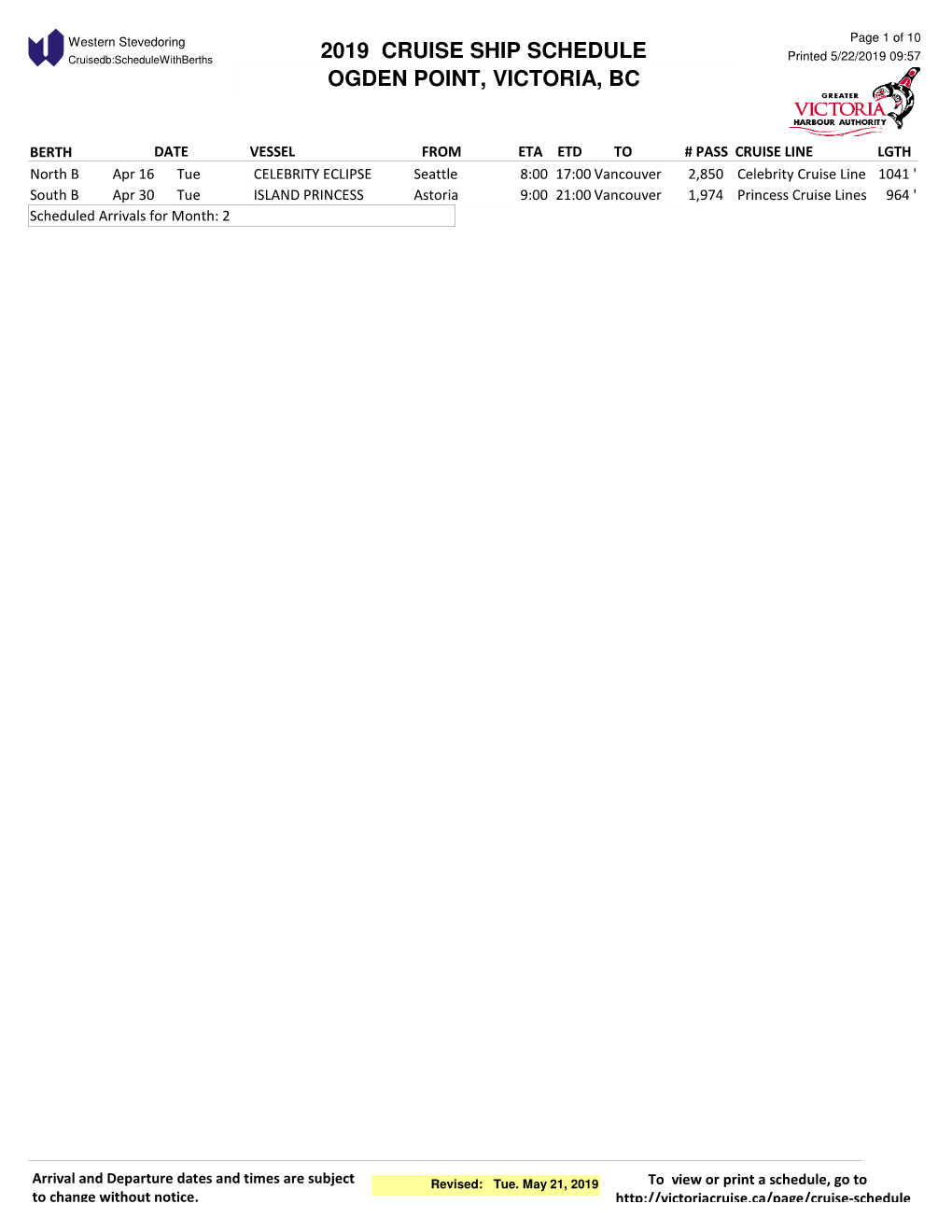 Ogden Point Cruise Ship Schedule