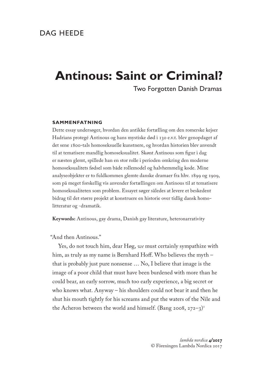 Antinous: Saint Or Criminal? Two Forgotten Danish Dramas