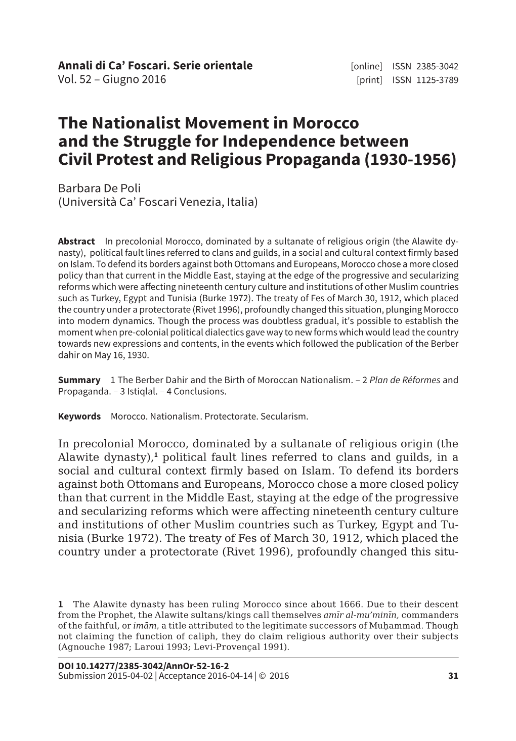 The Nationalist Movement in Morocco and the Struggle for Independence Between Civil Protest and Religious Propaganda (1930-1956)