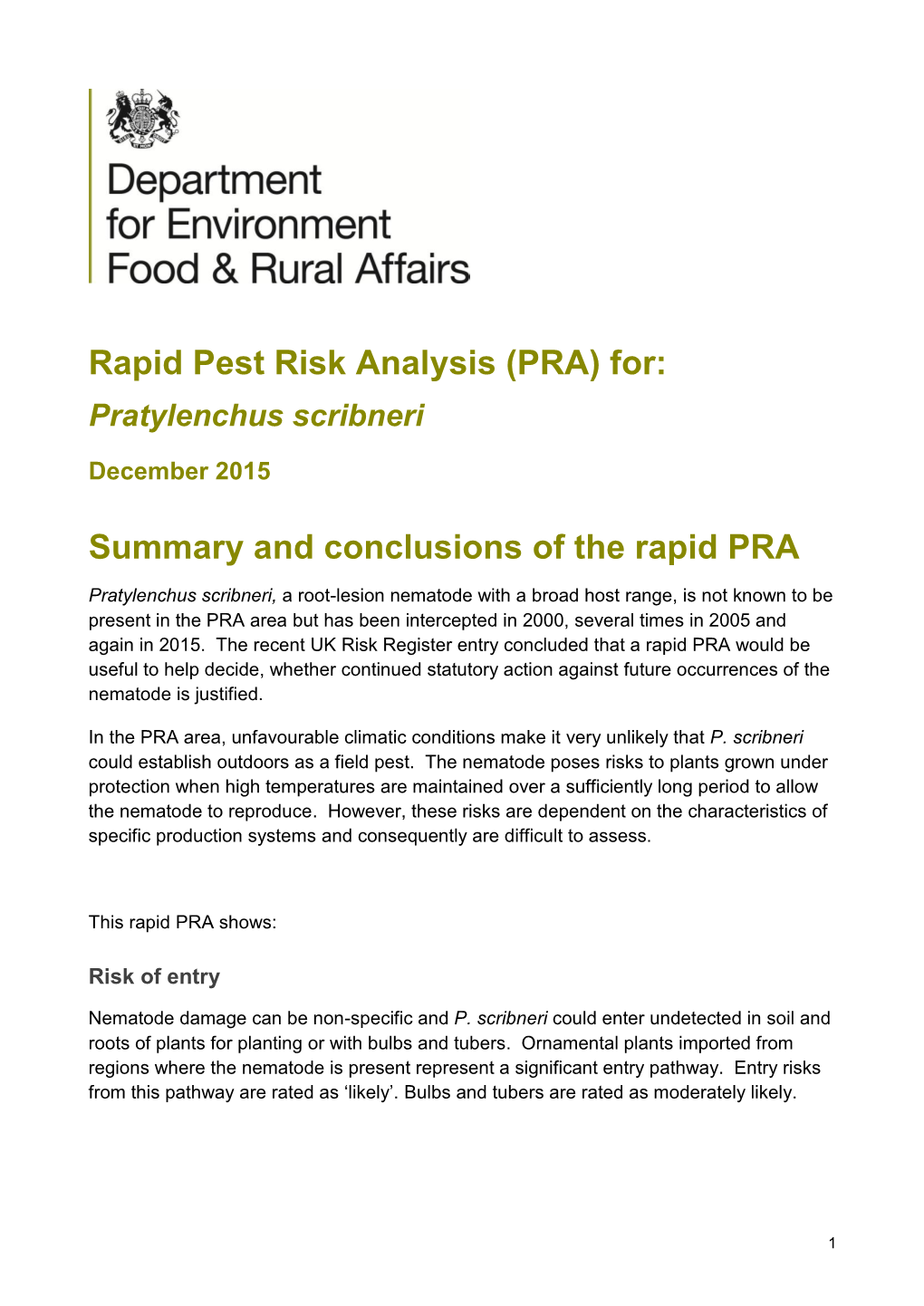 (PRA) For: Pratylenchus Scribneri December 2015 Summary and Conclusions of the Rapid