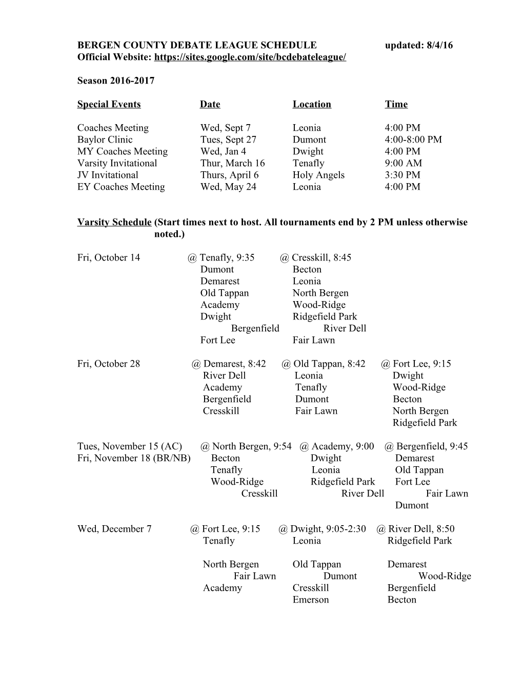 Bergen County Debate League Schedule