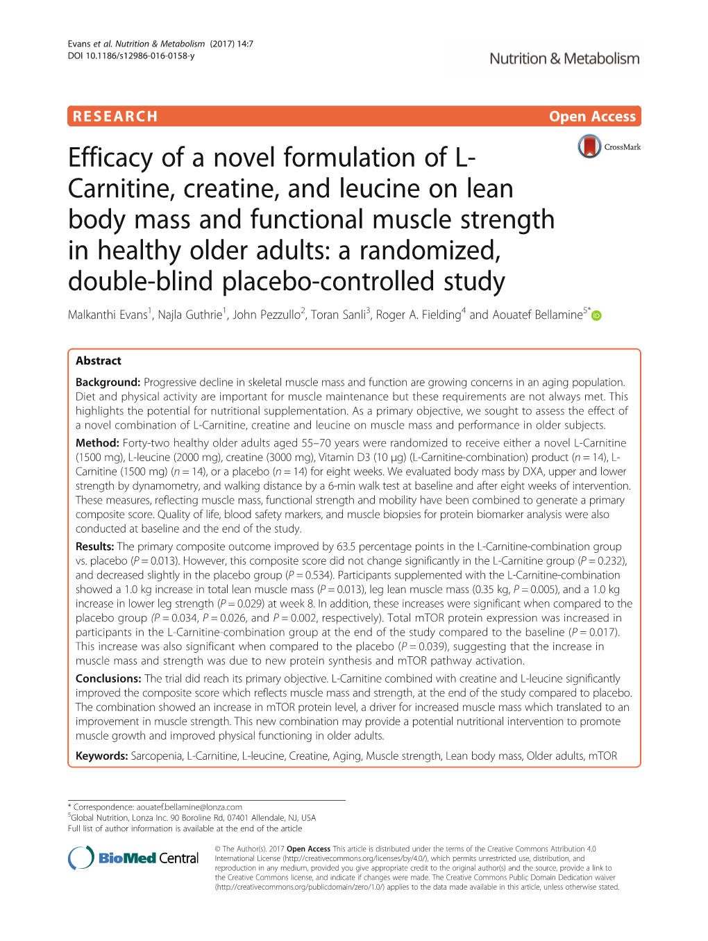 Efficacy of a Novel Formulation of L-Carnitine, Creatine, and Leucine