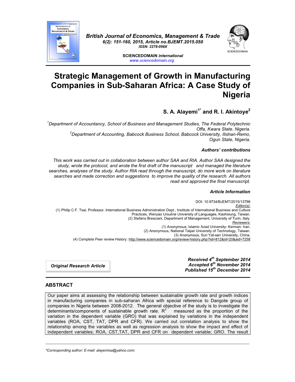 Strategic Management of Growth in Manufacturing Companies in Sub-Saharan Africa: a Case Study of Nigeria