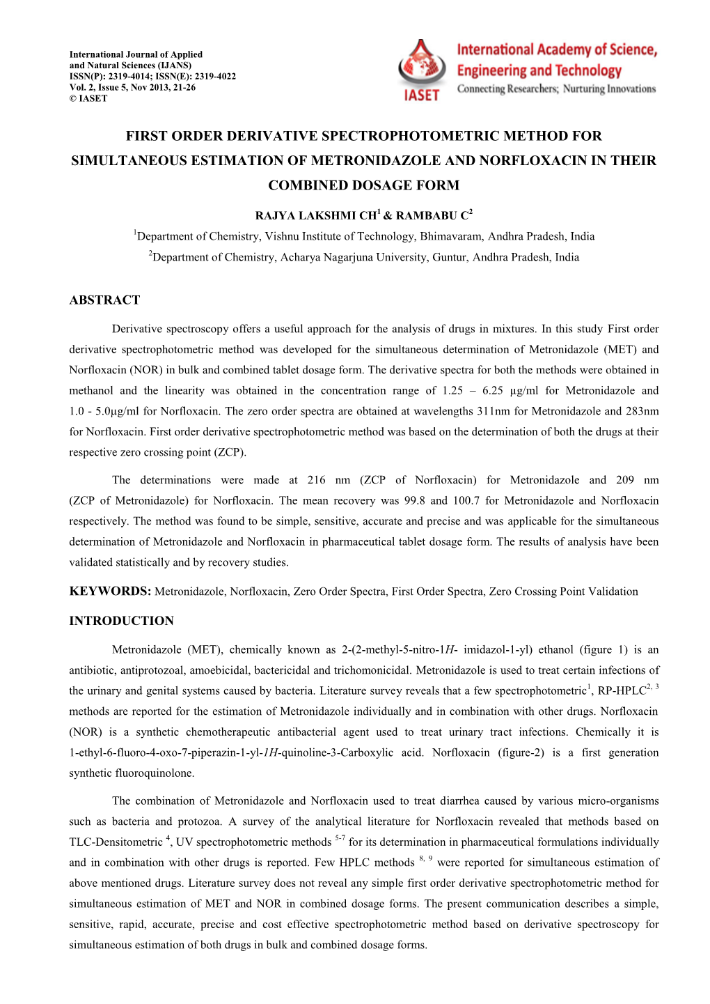 First Order Derivative Spectrophotometric Method for Simultaneous Estimation of Metronidazole and Norfloxacin in Their Combined Dosage Form