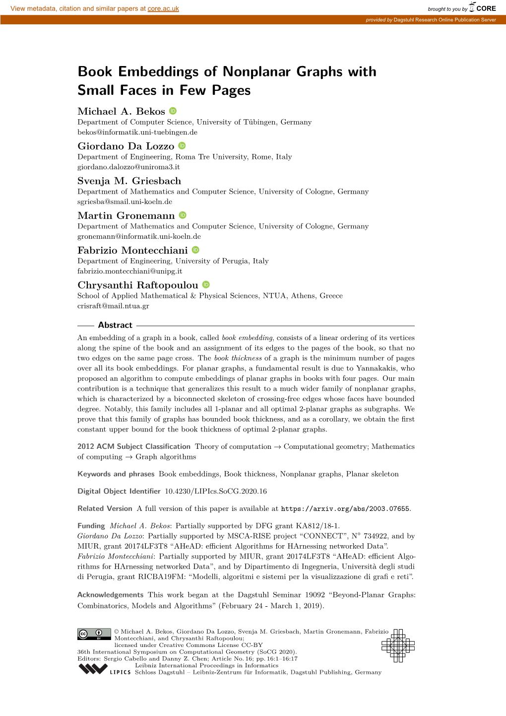 Book Embeddings of Nonplanar Graphs with Small Faces in Few Pages Michael A