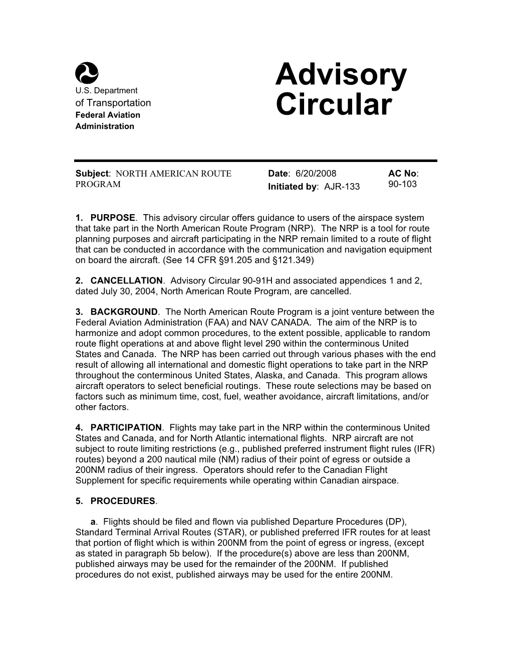 Advisory Circular Offers Guidance to Users of the Airspace System That Take Part in the North American Route Program (NRP)