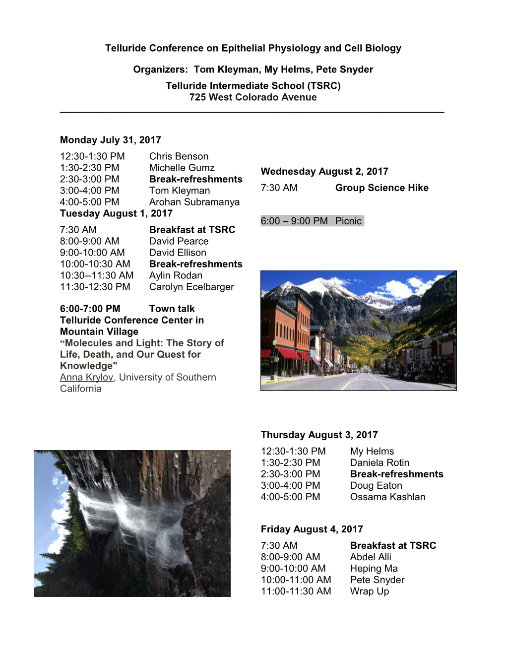 Telluride Conference on Epithelial Physiology and Cell Biology