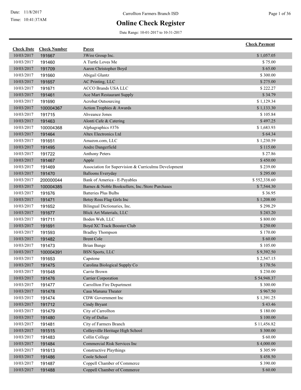 Online Check Register Date Range: 10-01-2017 to 10-31-2017