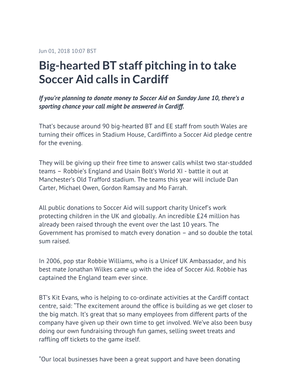 Big-Hearted BT Staff Pitching in to Take Soccer Aid Calls in Cardiff