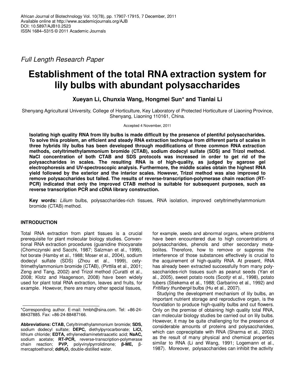 Establishment of the Total RNA Extraction System for Lily Bulbs with Abundant Polysaccharides