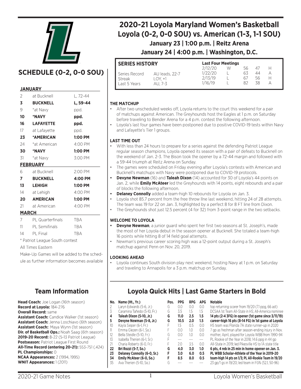 2020-21 Loyola Maryland Women's Basketball Loyola (0-2, 0-0 SOU) Vs