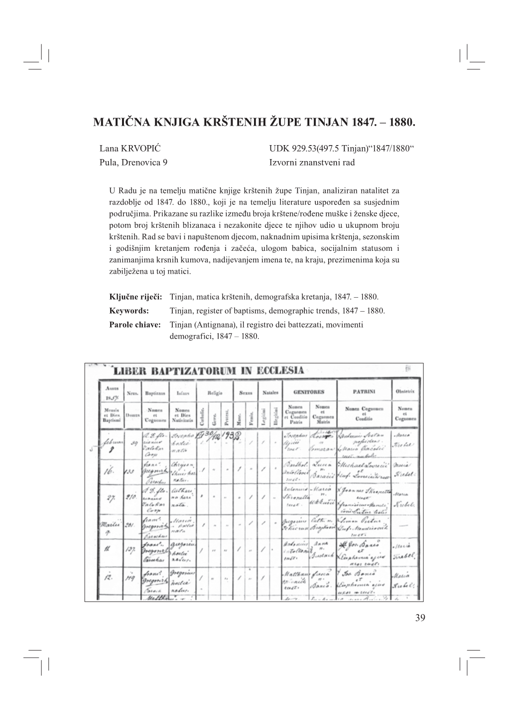 Matična Knjiga Krštenih Župe Tinjan 1847. – 1880