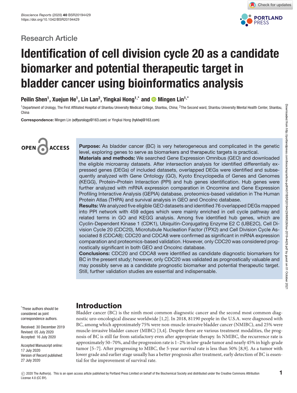 Identification of Cell Division Cycle 20 As a Candidate Biomarker And