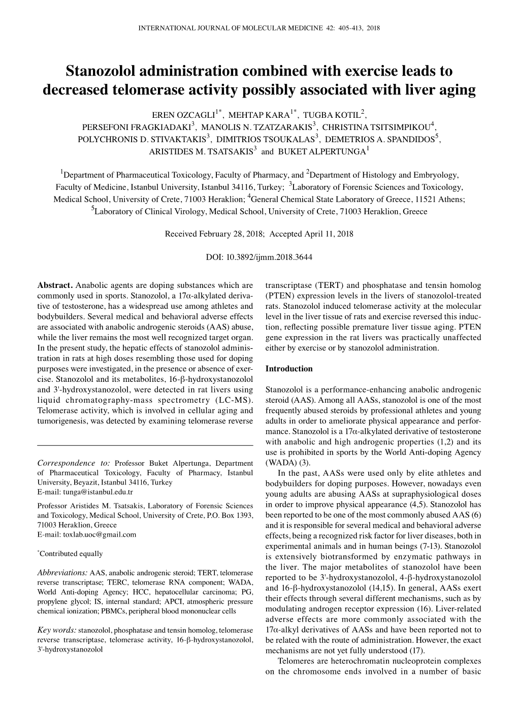 Stanozolol Administration Combined with Exercise Leads to Decreased Telomerase Activity Possibly Associated with Liver Aging