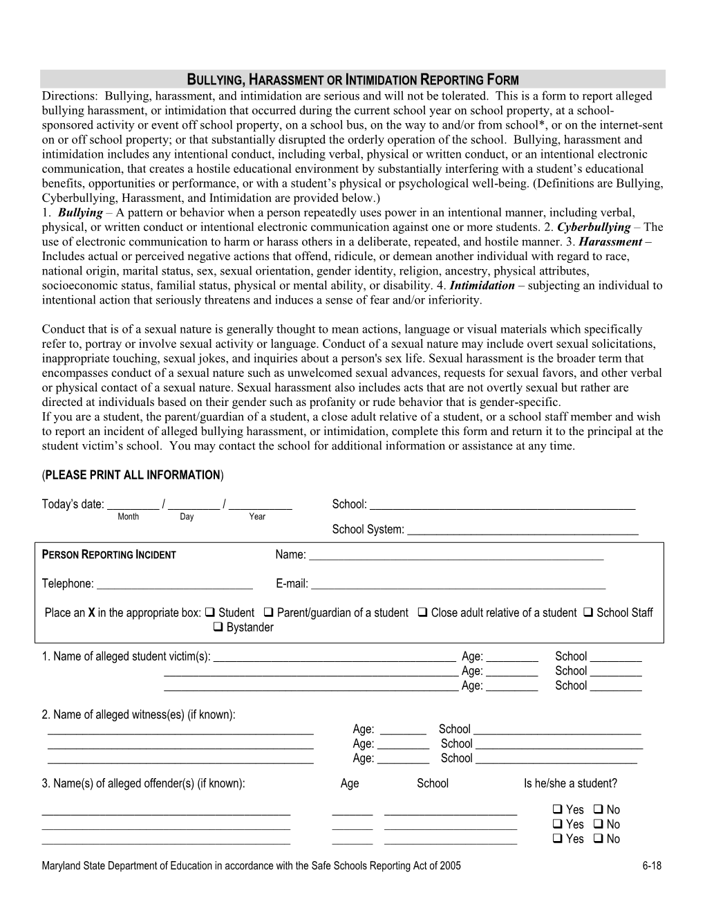 Bullying Harassment Intimidation Reporting Form