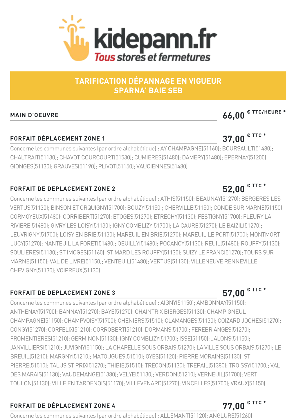 Tarification Dépannage En Vigueur Sparna' Baie Seb