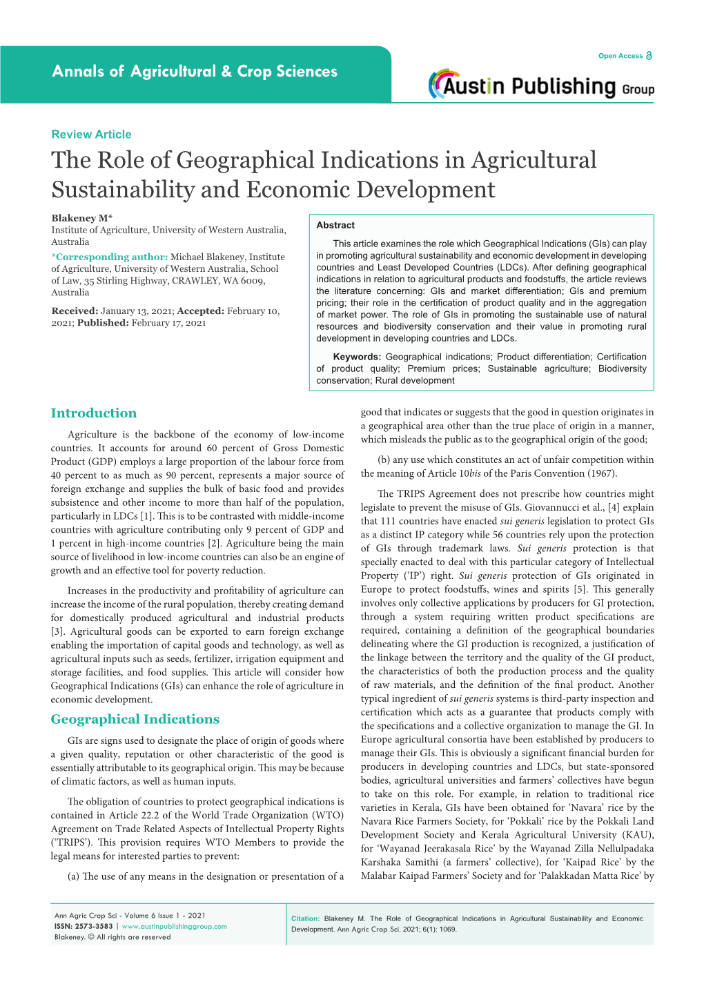 The Role of Geographical Indications in Agricultural Sustainability and Economic Development