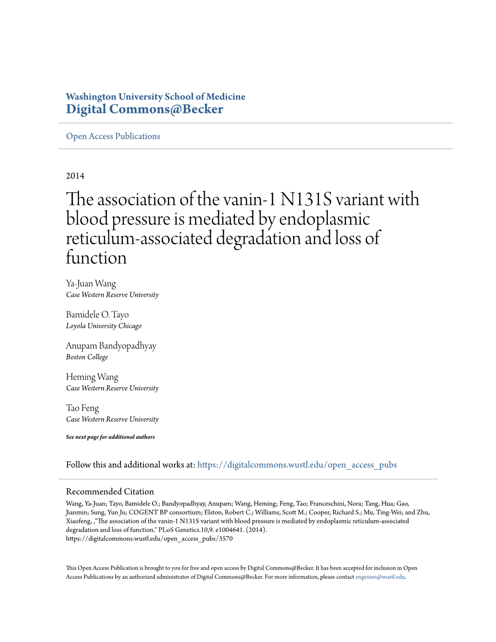 The Association of the Vanin-1 N131S Variant with Blood Pressure Is Mediated by Endoplasmic Reticulum-Associated Degradation and Loss of Function.