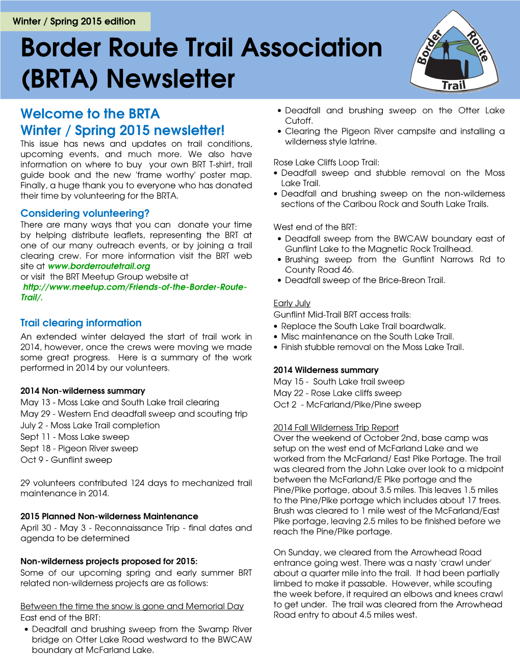 Border Route Trail Associa (BRTA) Newsletter Er Route Trail Association A) Newsletter