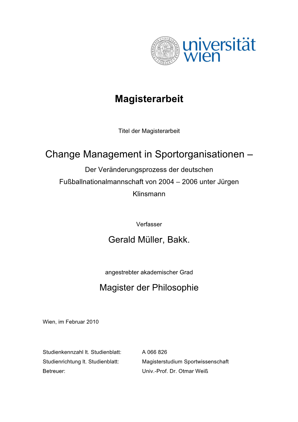 Magisterarbeit Change Management in Sportorganisationen –