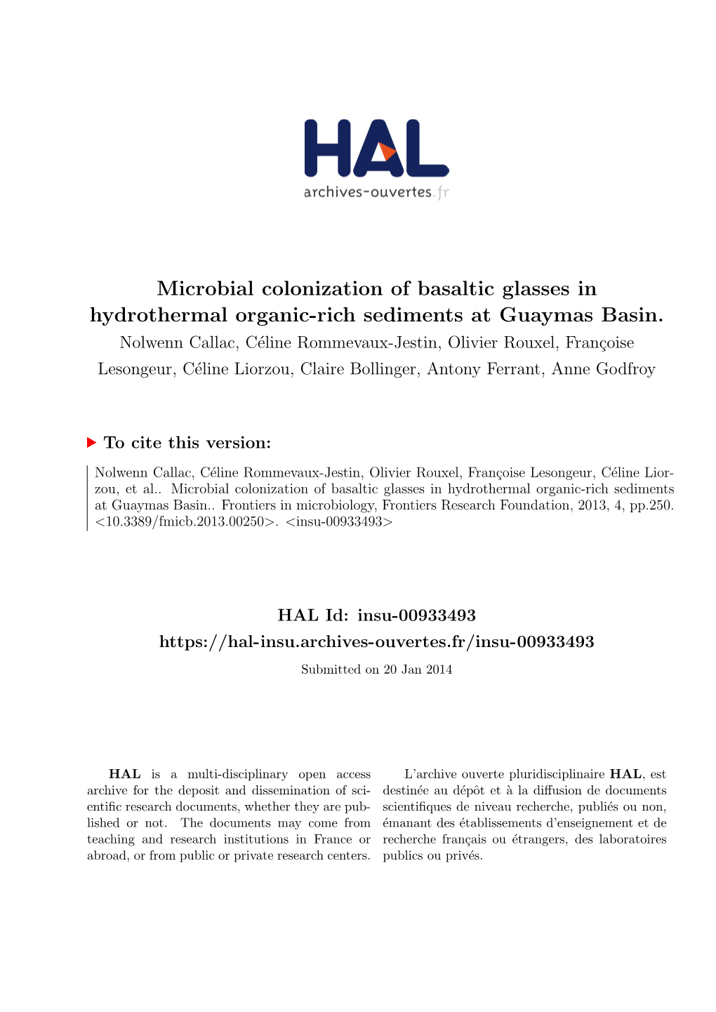 Microbial Colonization of Basaltic Glasses in Hydrothermal Organic-Rich Sediments at Guaymas Basin